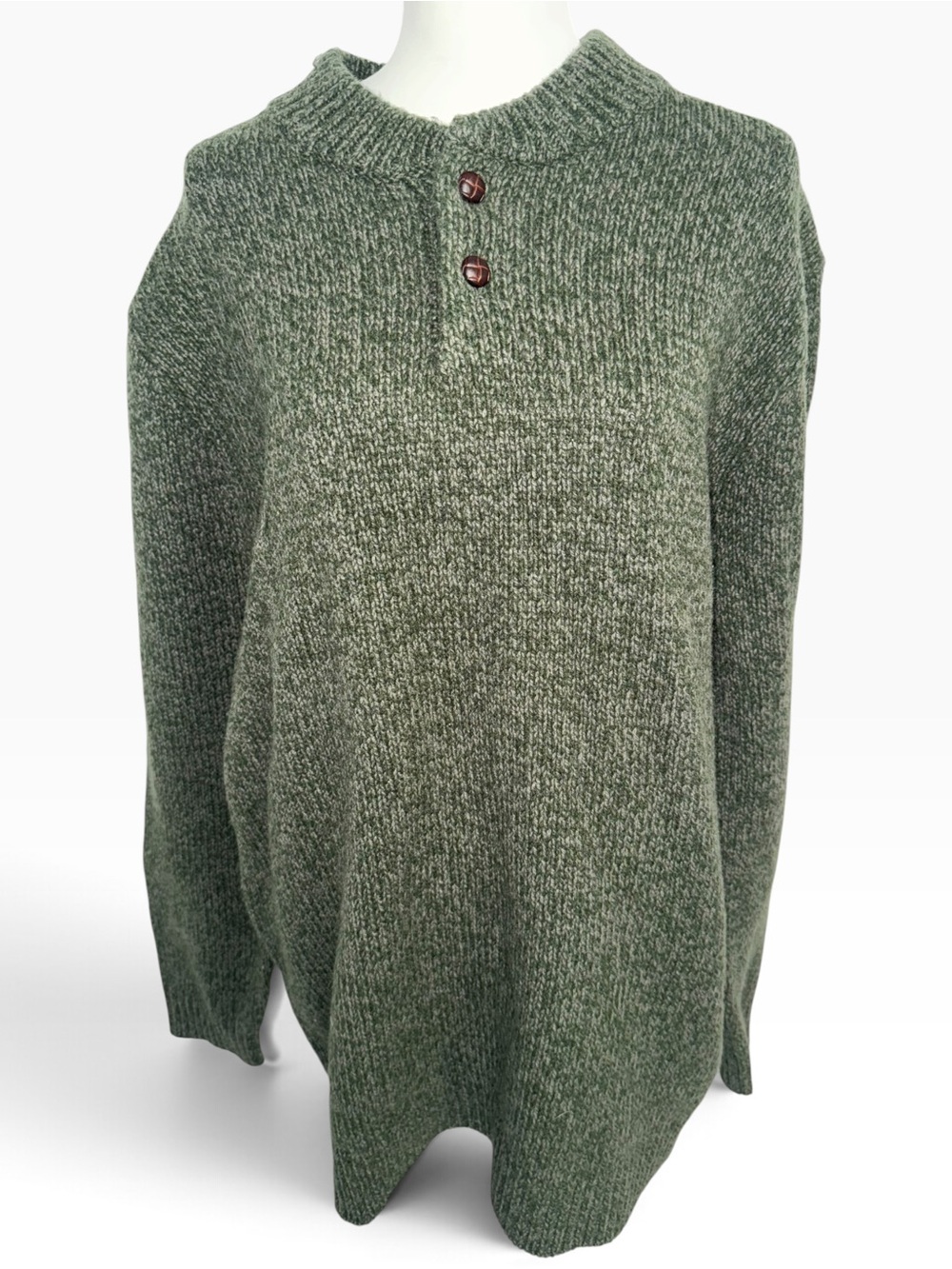 L.L.Bean 100% Lambswool Sweater XL Tall Green Marled 2 Button Mock Neck Pullover